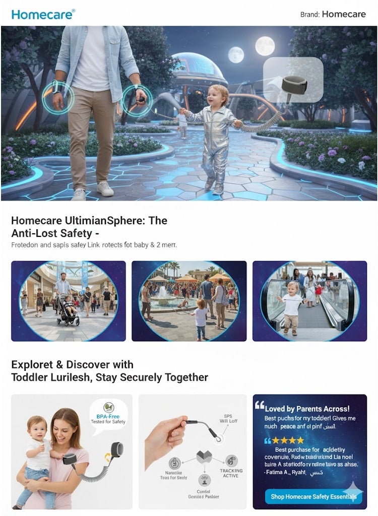 هوم كير سوار معصم أمان فائق الأمان للأطفال الصغار من هوم كير - حبل سلك فولاذي عاكس للضوء بطول 1.5 متر يدور 360 درجة مع أساور مبطنة تسمح بالتهوية وقفل أمان لسلامة الأطفال في الأماكن المزدحمة وأثناء السفر والتسوق - أزرق - Image 3